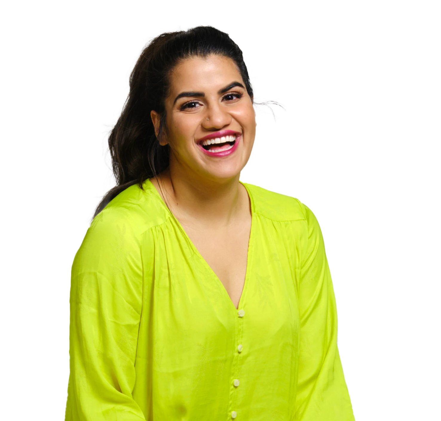 Woman in lime green blouse smiling