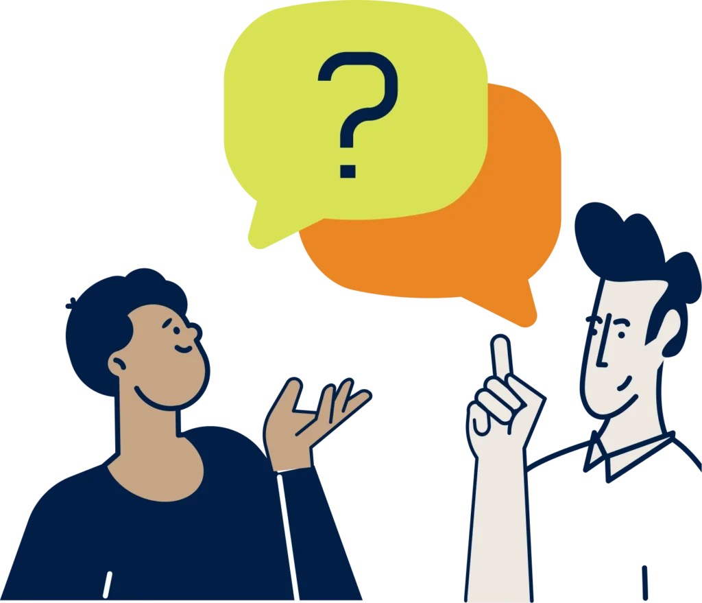 Illustration of a person asking questions and receiving an answer.